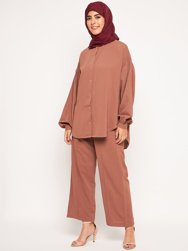 Nabia Rust Solid Cuffed Sleeves Co-ord Set for Women
