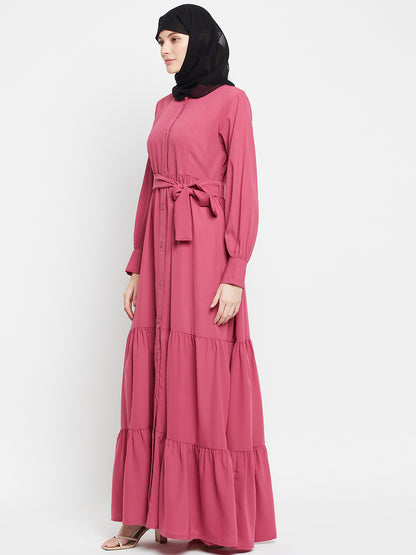 Pink Solid Front Open Frilled Abaya with Black Georgette Scarf