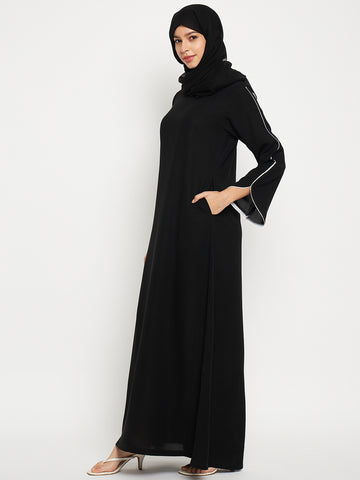 Black Solid White Piping Design A-line Abaya with Black Scarf