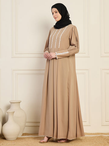 Nabia Beige Solid Luxury Handworked Abaya Burqa for Women with Black Georgette Hijab