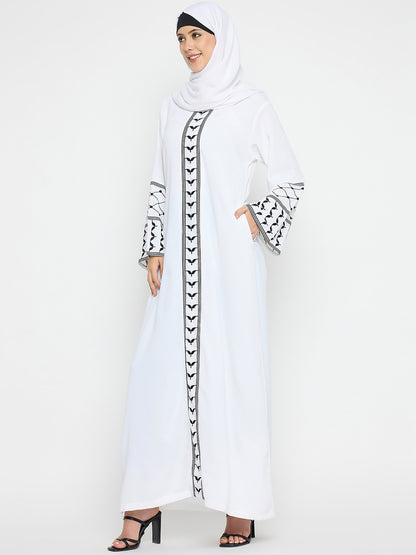 Nabia Kefiyyeh Embroidery White Abaya Burqa with Black Hijab