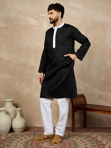 Nabia Black Solid White Piping Details Mandarin Collar Cotton Kurta For Men