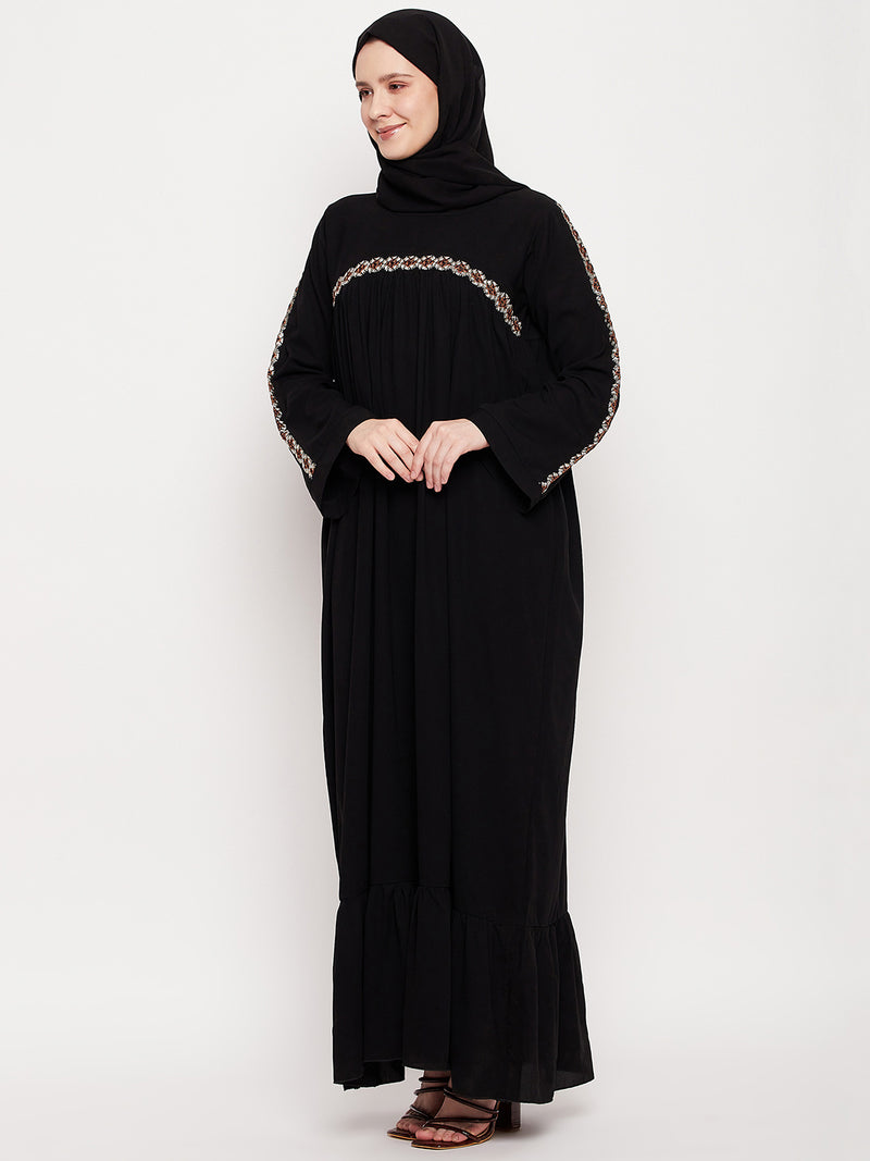 Nabia Women Black Solid Abaya Burqa With Black Georgette Scarf
