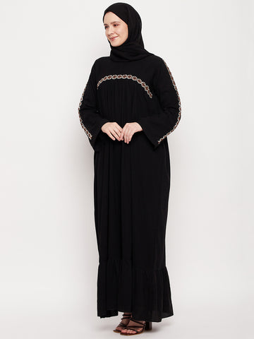 Nabia Women Black Solid Abaya Burqa With Black Georgette Scarf
