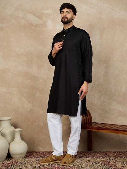 Nabia Black Solid Kurta and White Pajama Set
