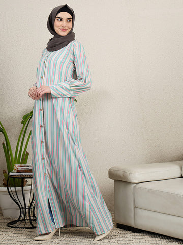 Front Open Printed Abaya Burqa with Black Georgette Scarf