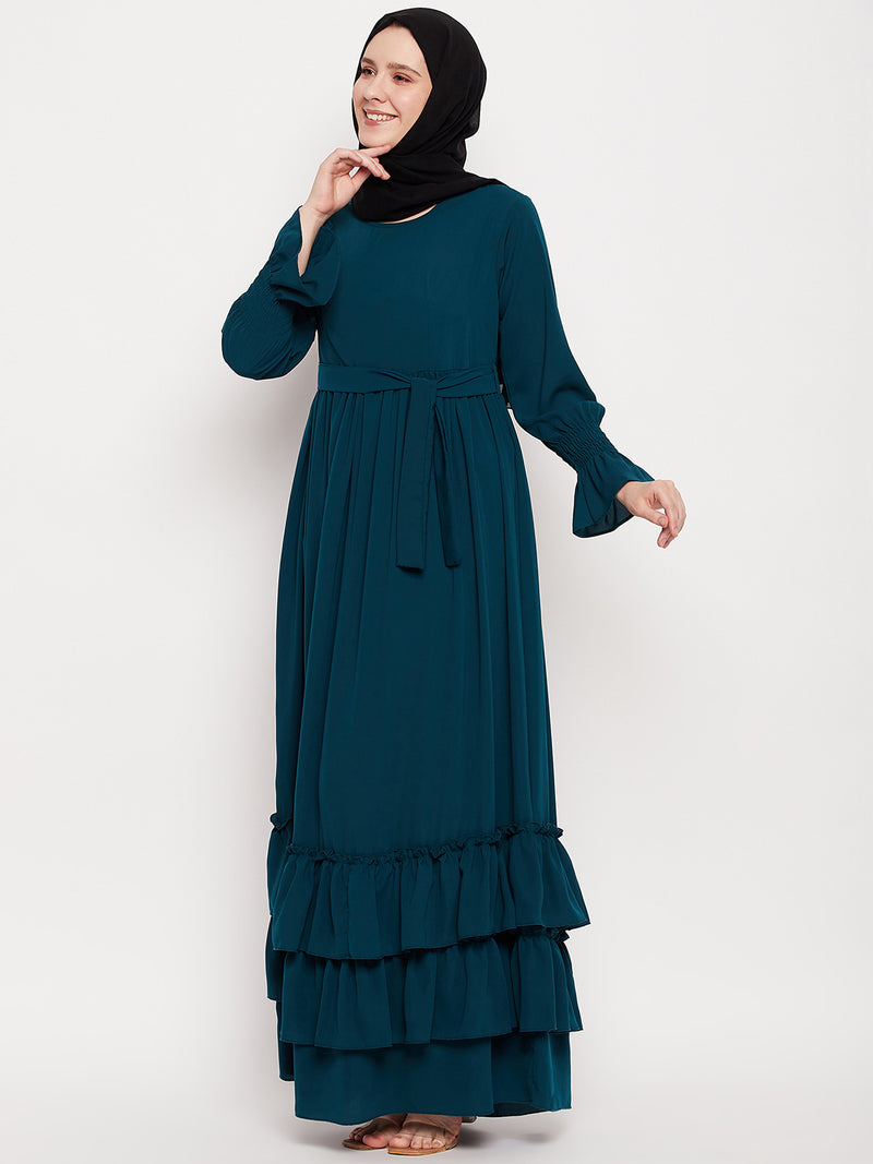 Nabia Women Bottle Green Frill Nida Matte Fabric Abaya Burqa With Black Georgette Scarf