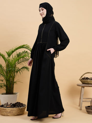 Black Solid Zip Abaya Burqa with Black Georgette Hijab