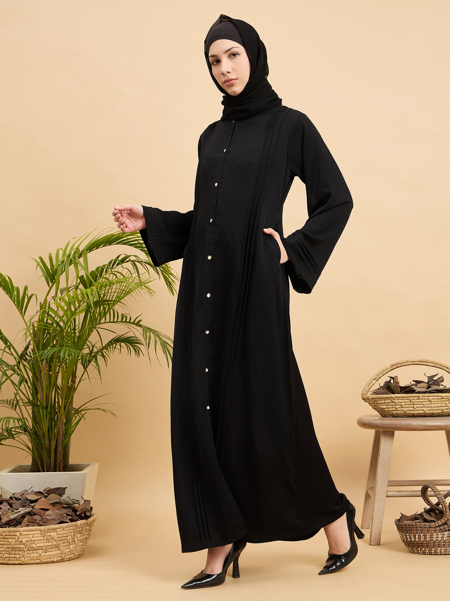 Black Solid Modest Front Open Abaya Burqa with Black Georgette Hijab