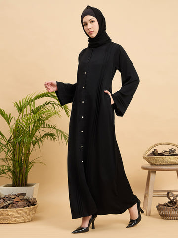 Black Solid Modest Front Open Abaya Burqa with Black Georgette Hijab