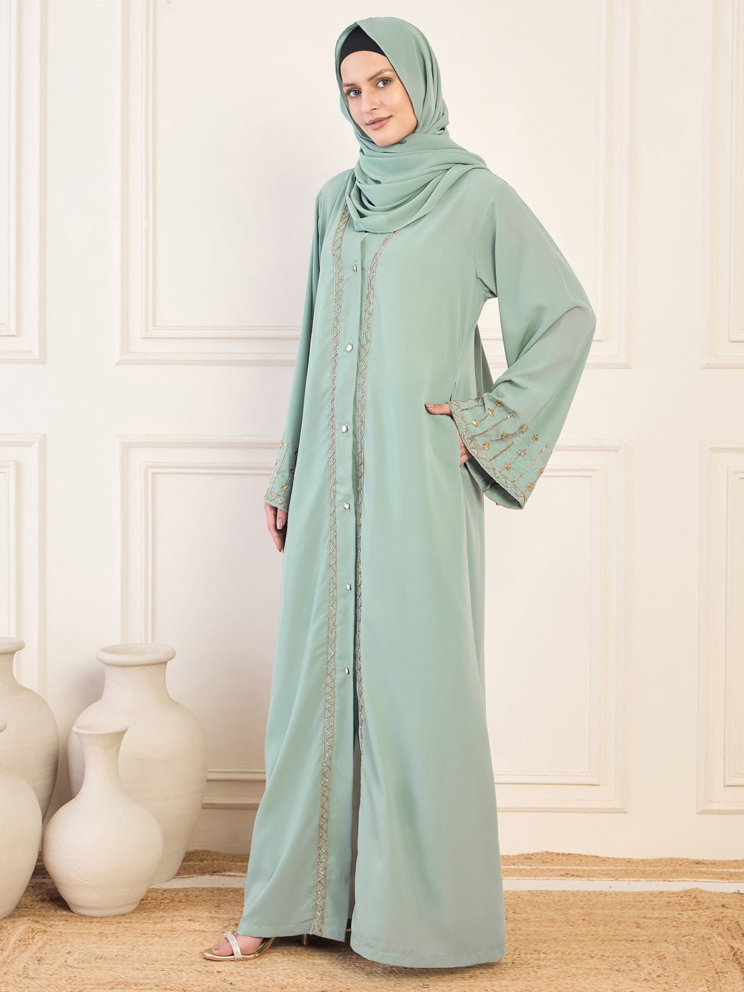 Nabia Handwork Luxury Front Open Abaya with Matching Hijab