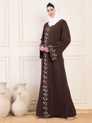 Nabia Brown Solid Hand Work Detailing Luxury Abaya Burqa For Women With White Hijab