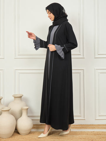2 Piece Black and Grey Piping Detailing Shrug Set Abaya with Black Hijab for Women