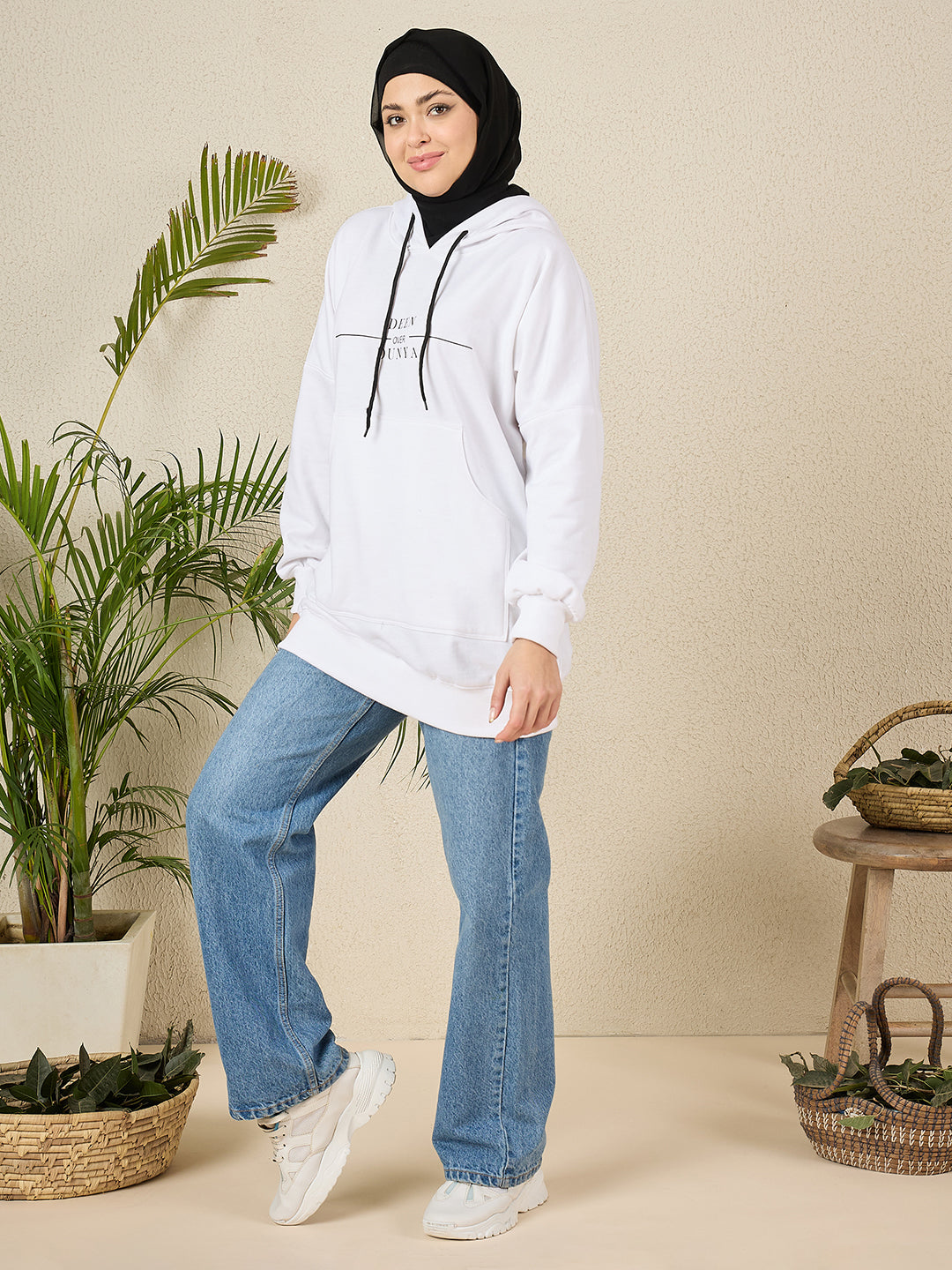 Women's Modest White Fleece Deen Over Dunya Winter Hoodie