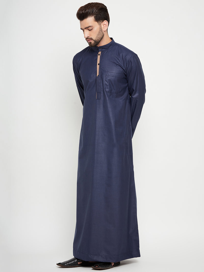 Nabia Blue Solid Mens Band Collar Thobe / Jubba with Beige Piping Design