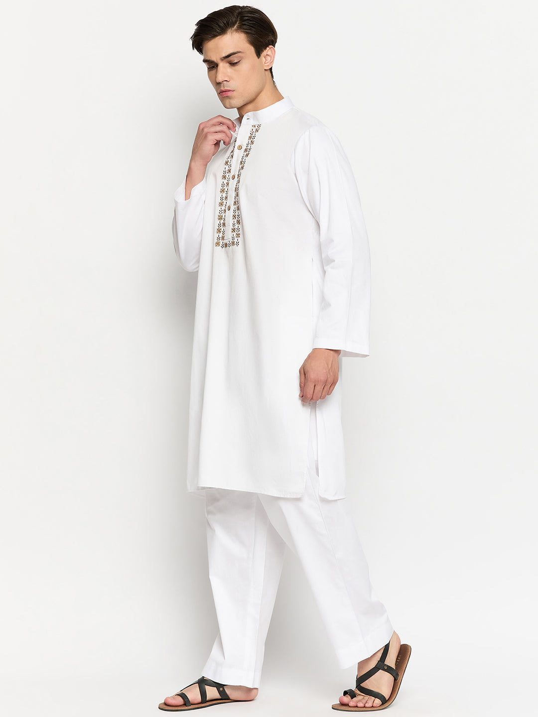 White Cotton Embroidery Details Men's Kurta Pajama Set