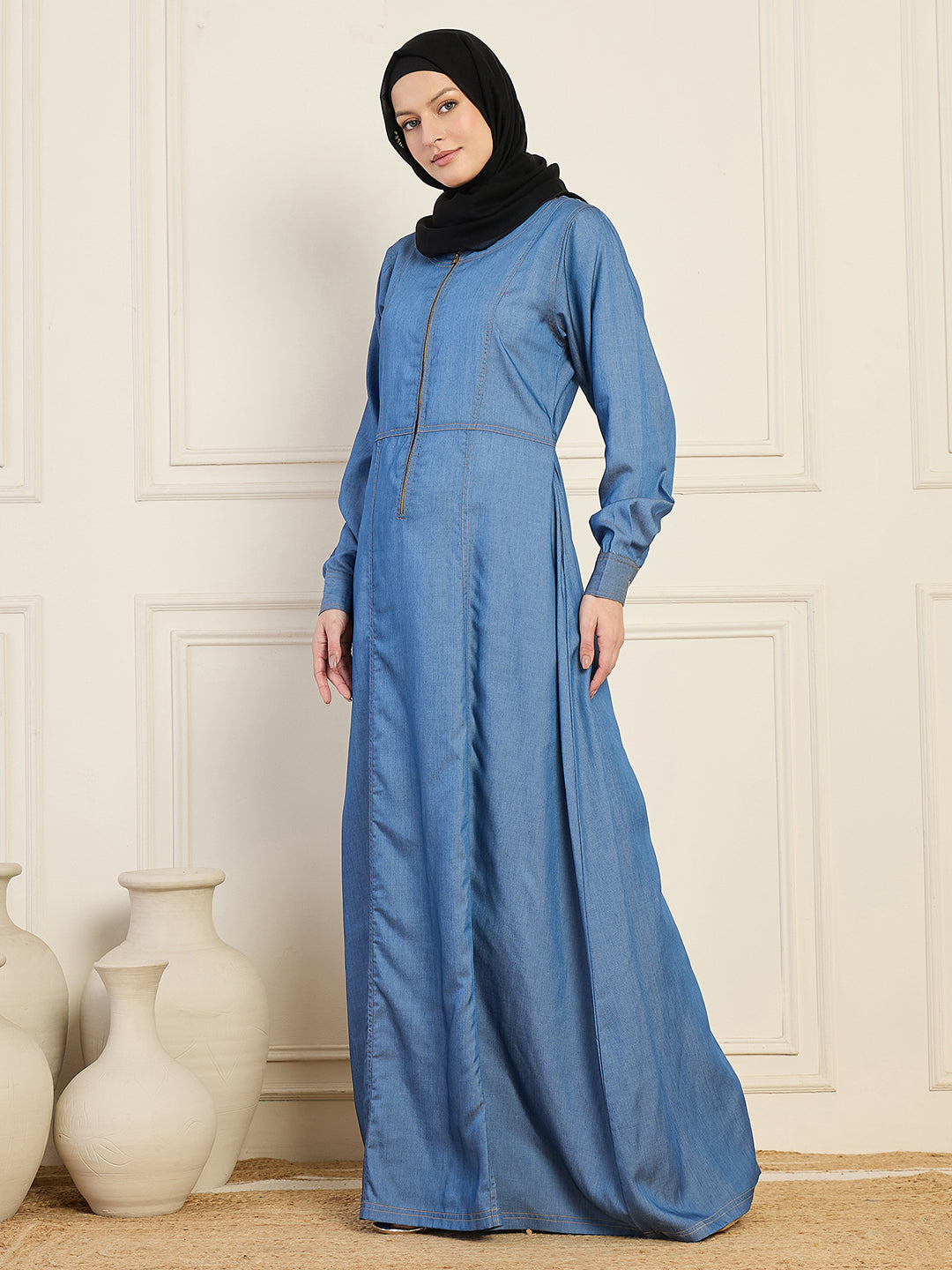 Nabia Denim Abaya With Black Georgette Hijab