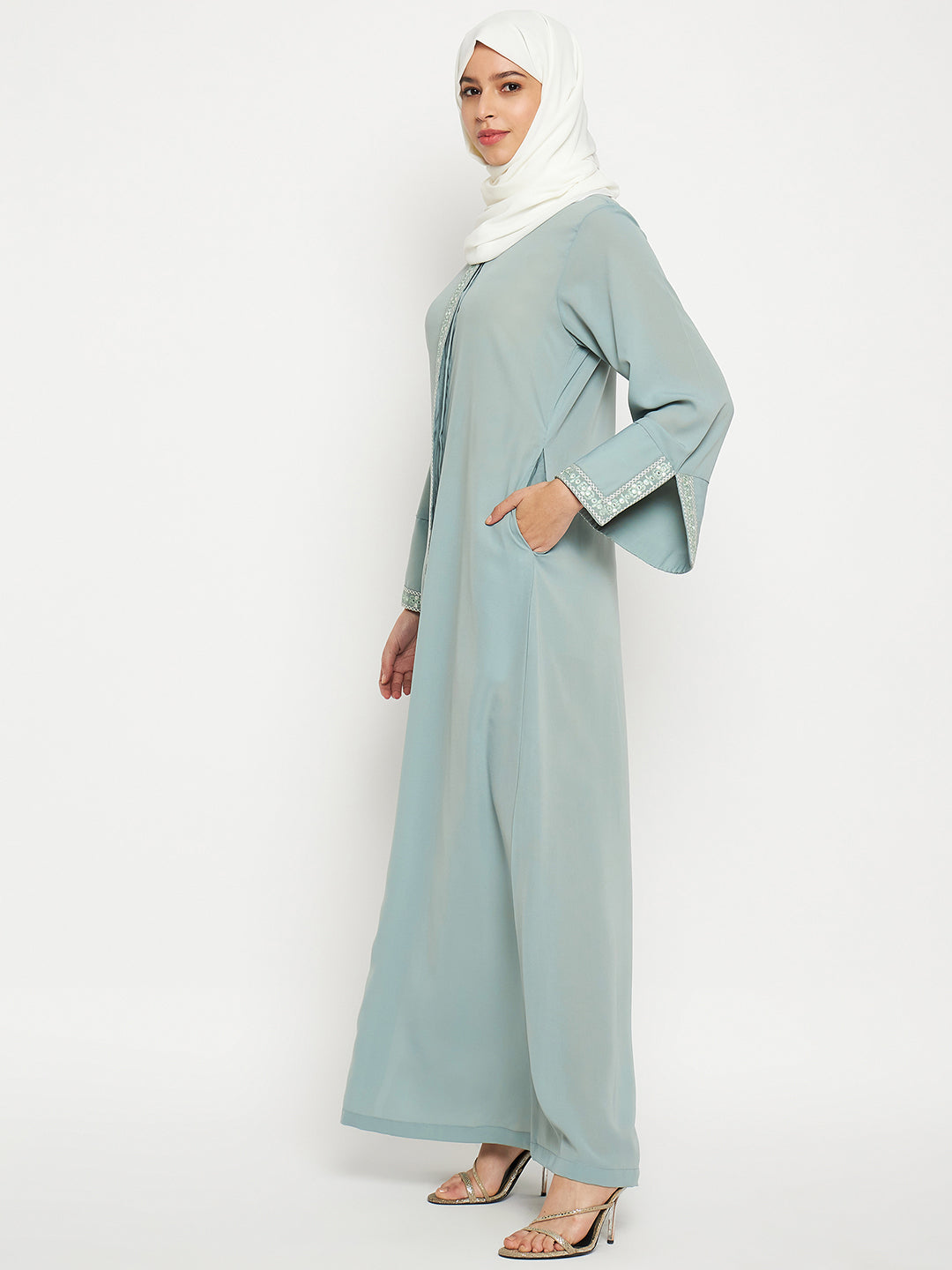 Nabia Embroidery Work Front Open Abaya with Black Scarf