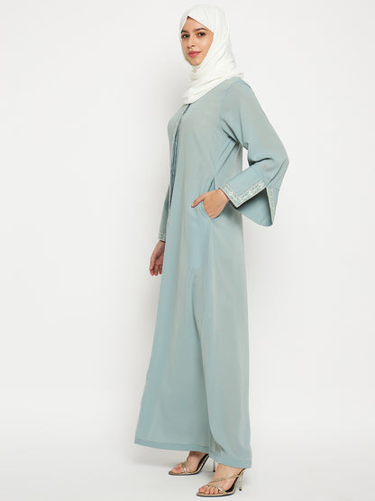 Nabia Embroidery Work Front Open Abaya with Black Scarf
