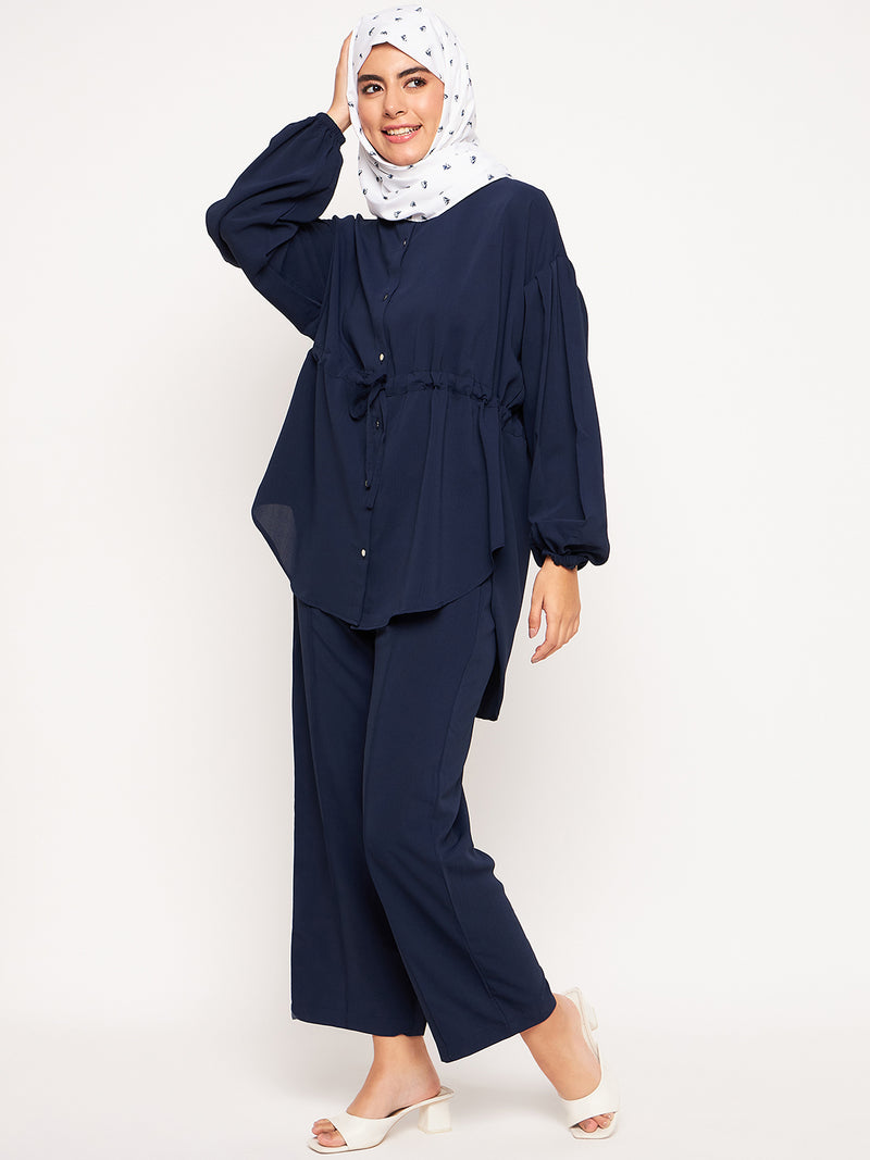 Nabia Blue Solid Elasticated Sleeves Co-ord Set for Women