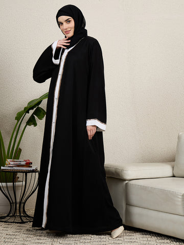 Black Front Open Embroidered Abaya for women with hijab
