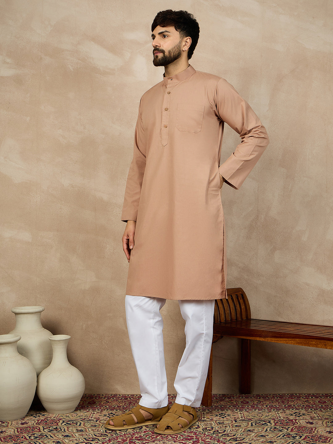 Nabia Solid Beige Cotton Kurta and White Pajama Set