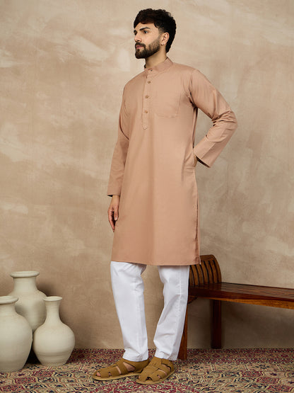 Nabia Solid Beige Cotton Kurta and White Pajama Set