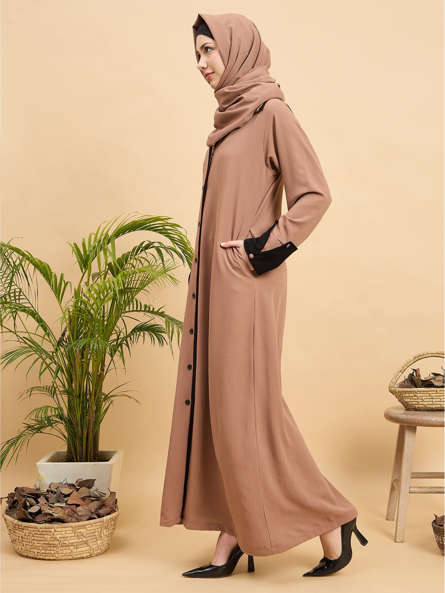 Modest Beige Front Open Coat Abaya with Matching Hijab
