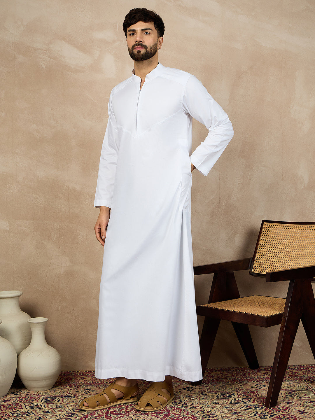 Nabia White Zip Closure Cotton Thobe/Jubba