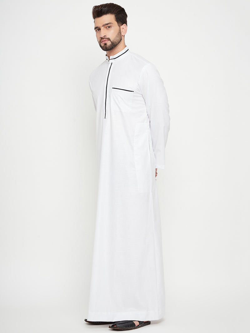 Nabia White Solid Mens Band Collar Thobe / Jubba with Blue Piping Design