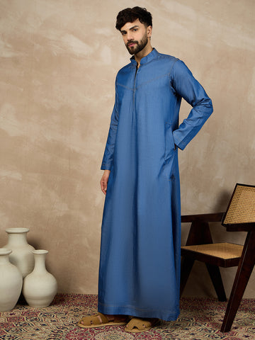 Nabia Blue Solid Zip Closure Denim Jubba / Thobe For Men