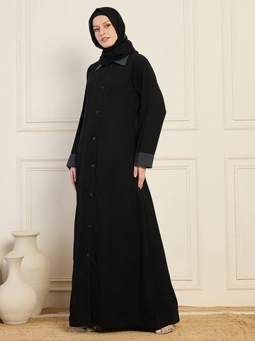 Nabia Women's Black Solid Front-Open Collared Abaya with Black Georgette Hijab