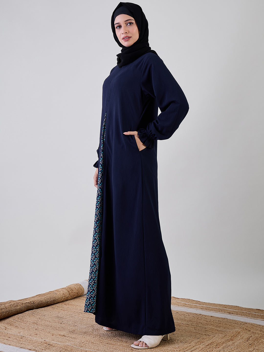 Nabia Blue A-line Abaya with Black Georgette Hijab