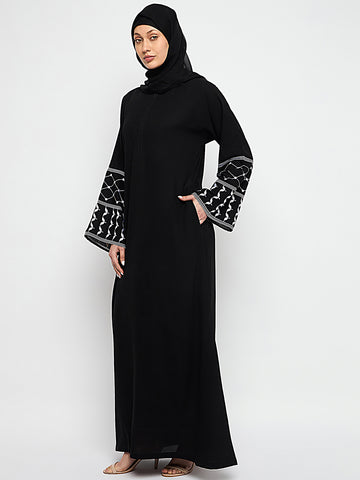 Nabia Kefiyyeh Embroidery Front Zip Closure Black Abaya Burqa With Black Scarf