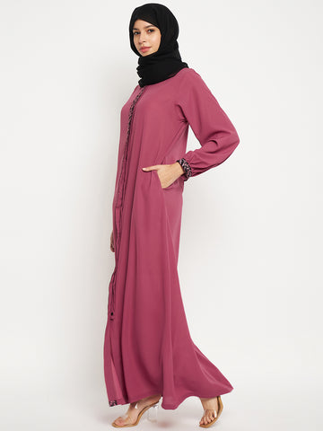 Nabia Embroidery Work Solid Pink Front Open Abaya Burqa For Women With Black Scarf