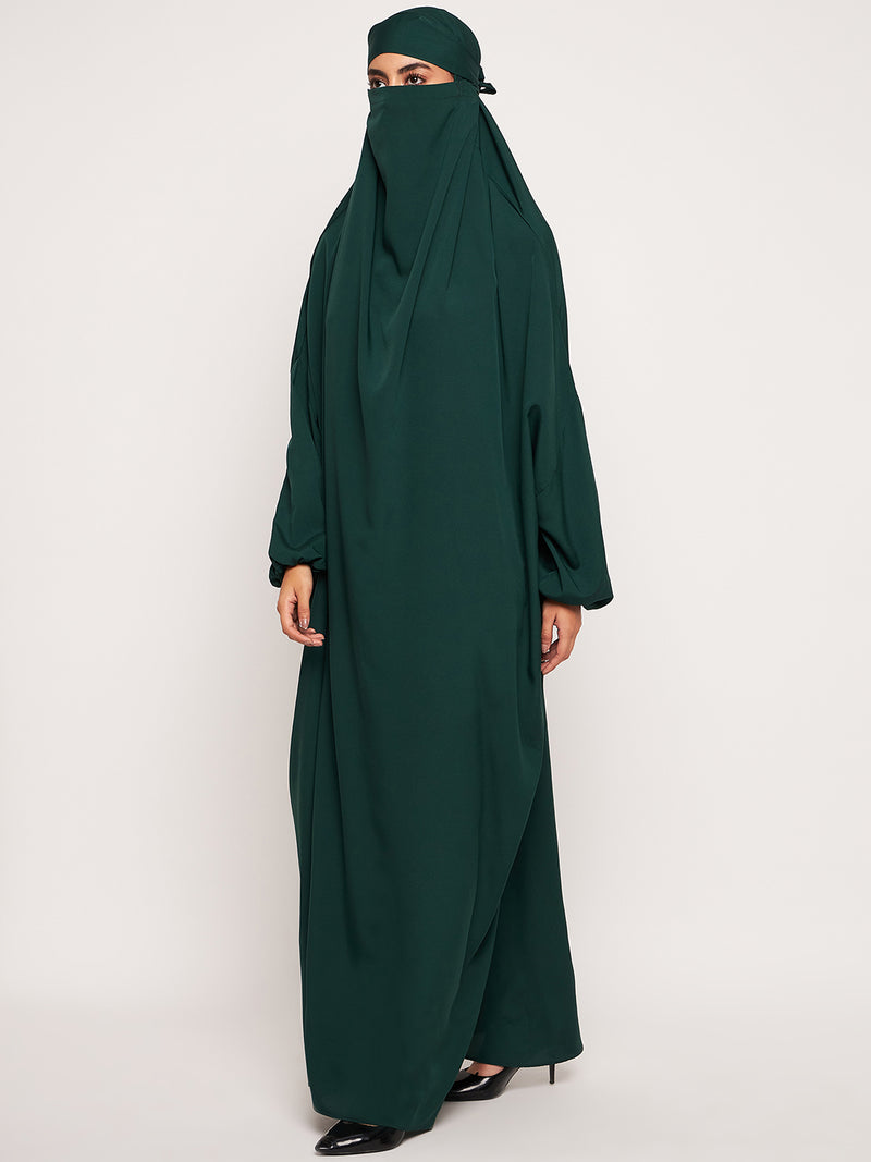 Nabia Bottle Green Solid Free Size Adjustable Nosepiece Jilbab Abaya for Girls and Women