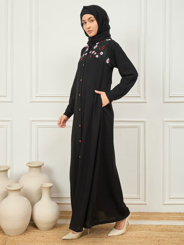 Nabia Front Open Embroidery Abaya with Matching Georgette Hijab