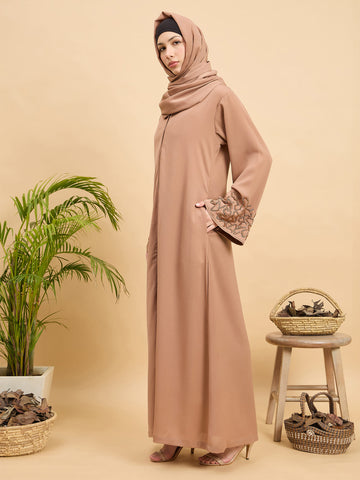 Modest Handworked Luxury Beige Abaya Burqa with Matching Hijab