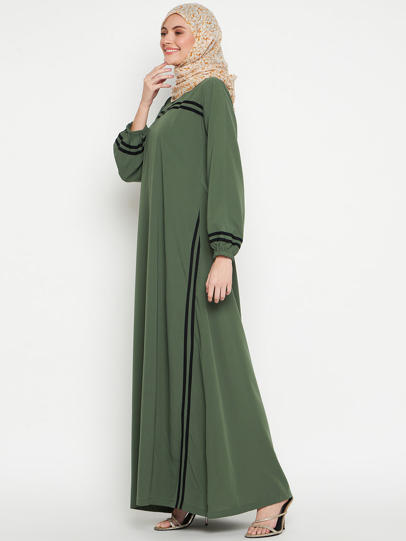 Nabia Women Jade Green Solid Aline Abaya Burqa with Black Georgette Scarf