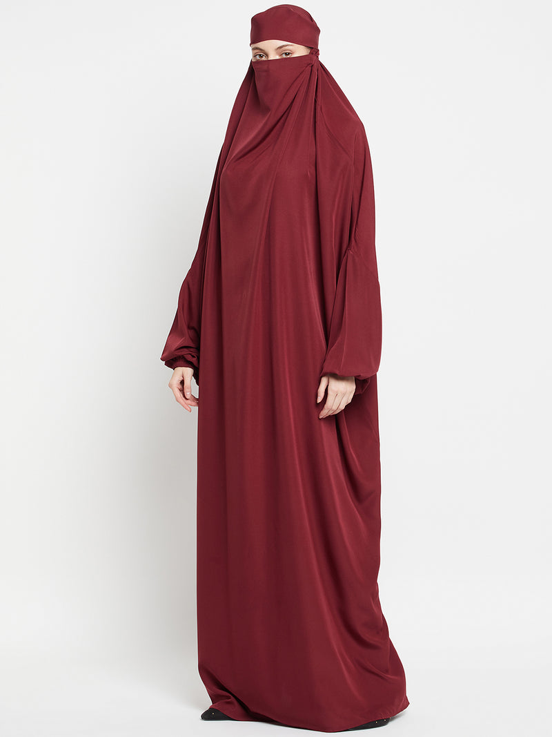 Nabia Maroon Solid Free Size Adjustable Nosepiece Jilbab Abaya for Girls and Women