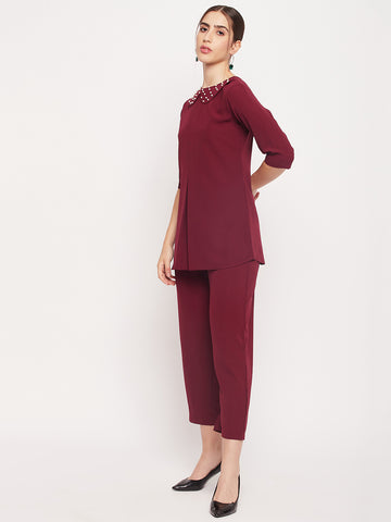 Nabia Women Maroon Solid Co-Ord Set