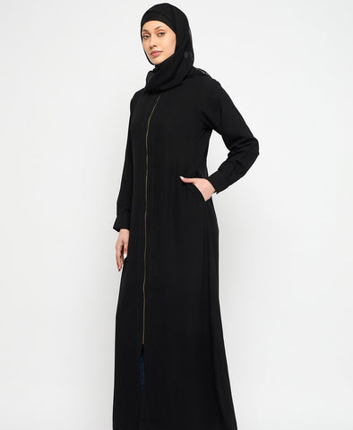 Nabia Front Open Zip-Closure Mandarin Collar Black Abaya Dress With Black Scarf