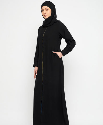 Nabia Front Open Zip-Closure Black Abaya Dress with Black Scarf Nabia Front Open Zip-Closure Black Abaya Dress with Black Scarf