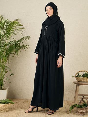 Black Embroidery Nida Matte Abaya with Black Scarf
