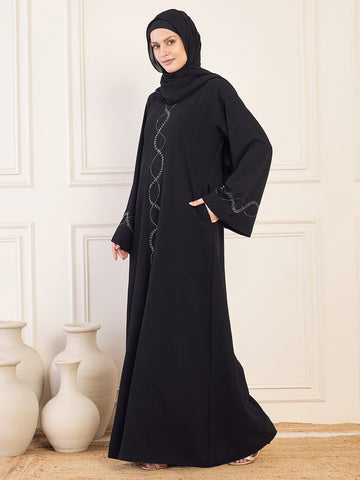 Nabia Black Solid Luxury Abaya Burqa Handwork Detailing & Bell Sleeves for Women with Black Hijab