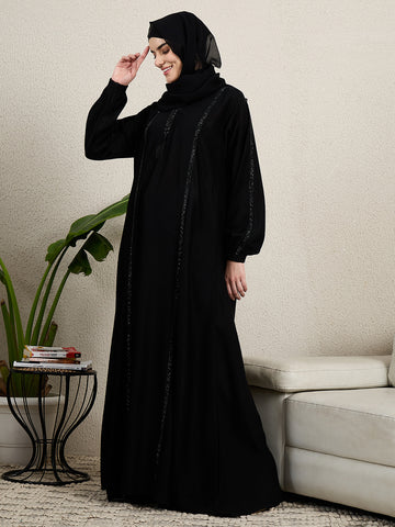 Elegant Black Embroidered Abaya for women with black hijab