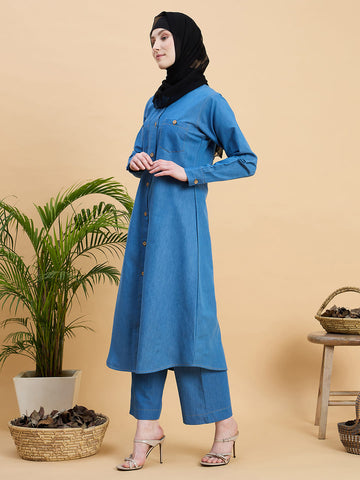 Front Open Blue Denim Co-ord set for women