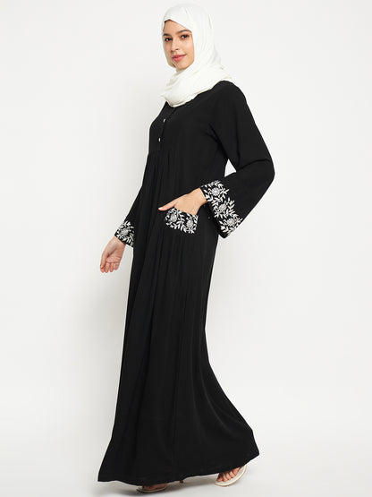 Nabia Embroidery Black Abaya with Black Scarf