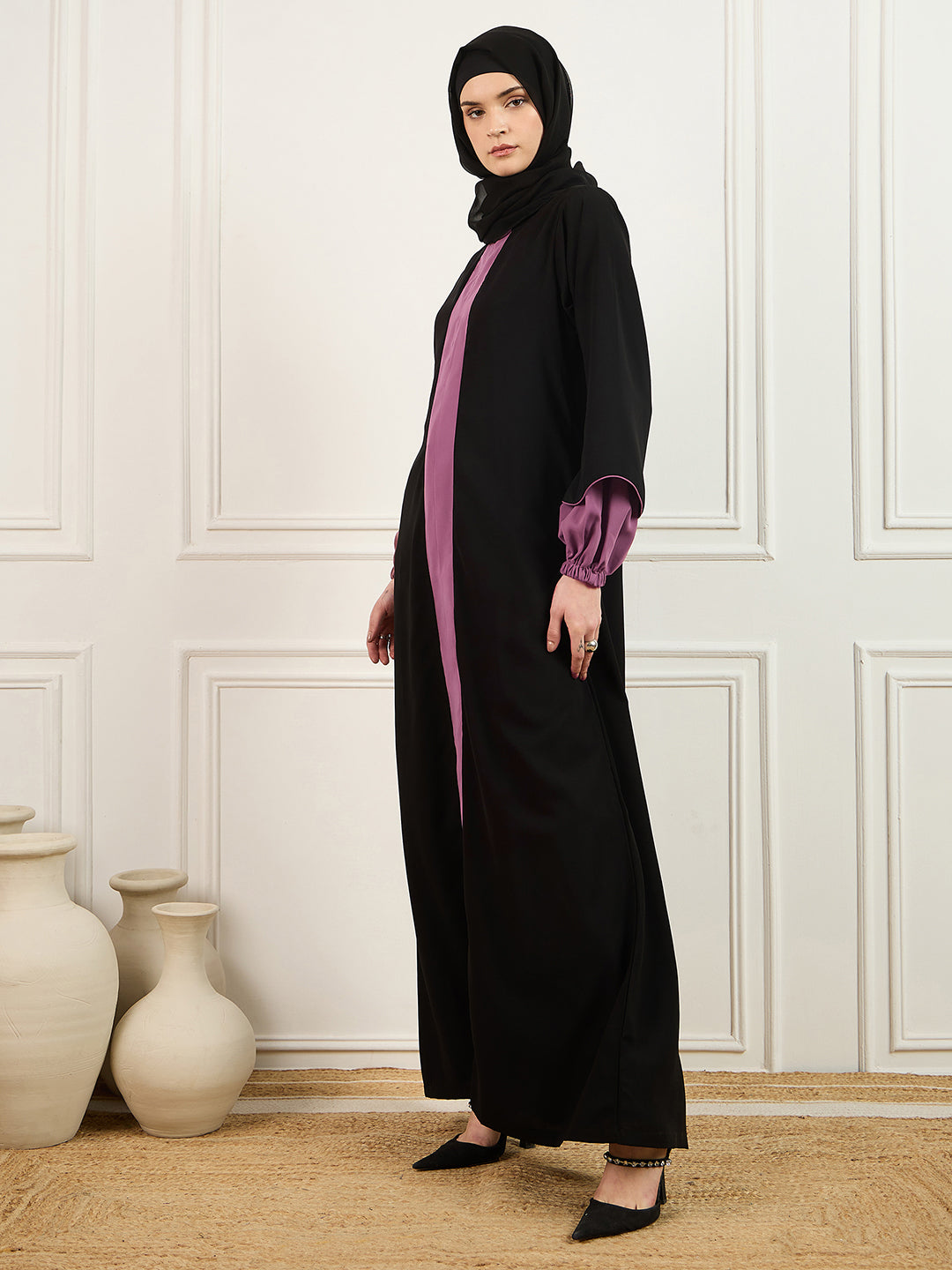 Nabia's two-colored black and pink abaya burqa with Black Georgette Hijab