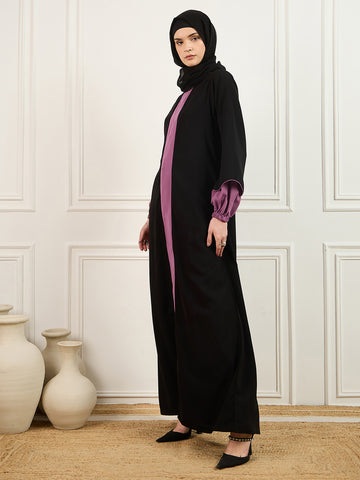 Nabia's two-colored black and pink abaya burqa with Black Georgette Hijab